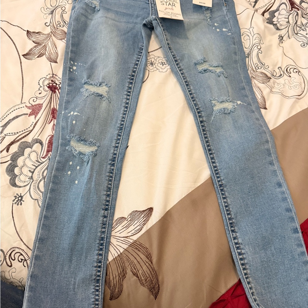 Imperial Star girls Light Blue Distressed Jean leggings WITH white H&M top NWT